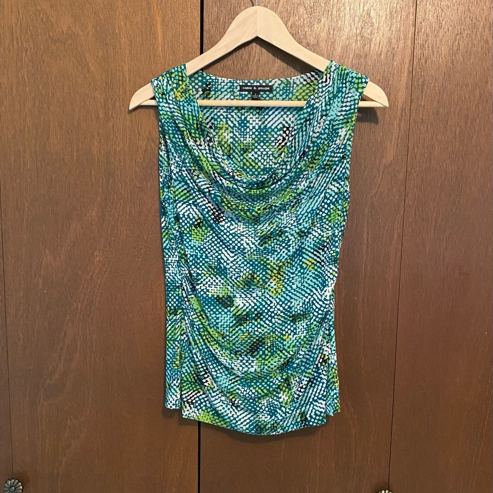 Cable & Gauge Women’s Small Green Turquoise Draped Neck Patterned Sleeveless Top